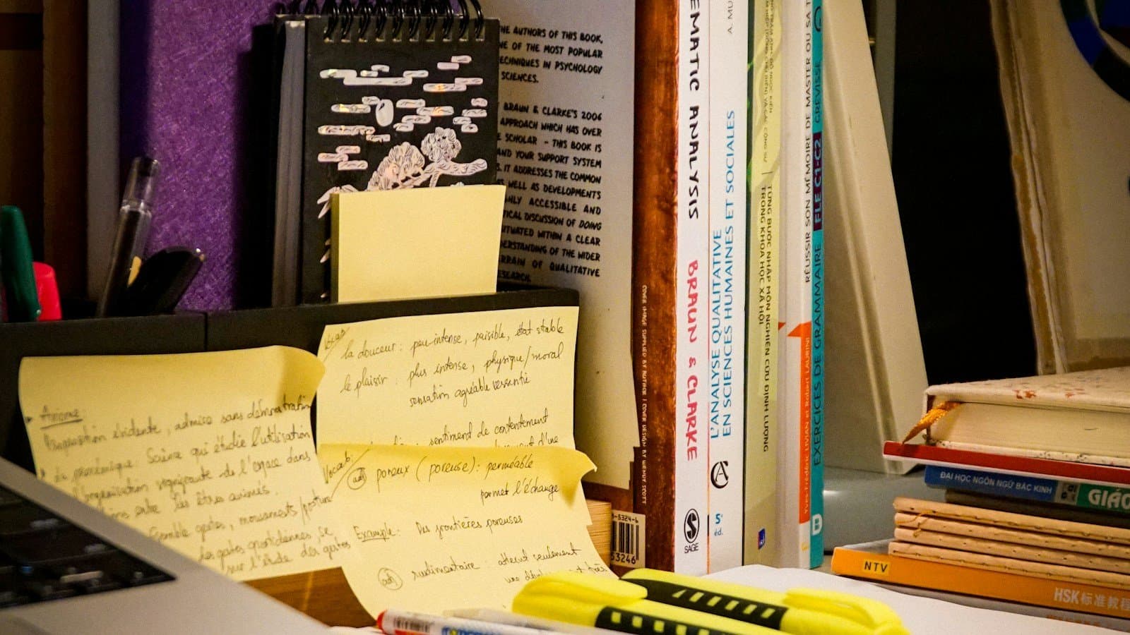 An open book, laptop, and handwritten study materials on a desk, photographed by Yen Vu.
