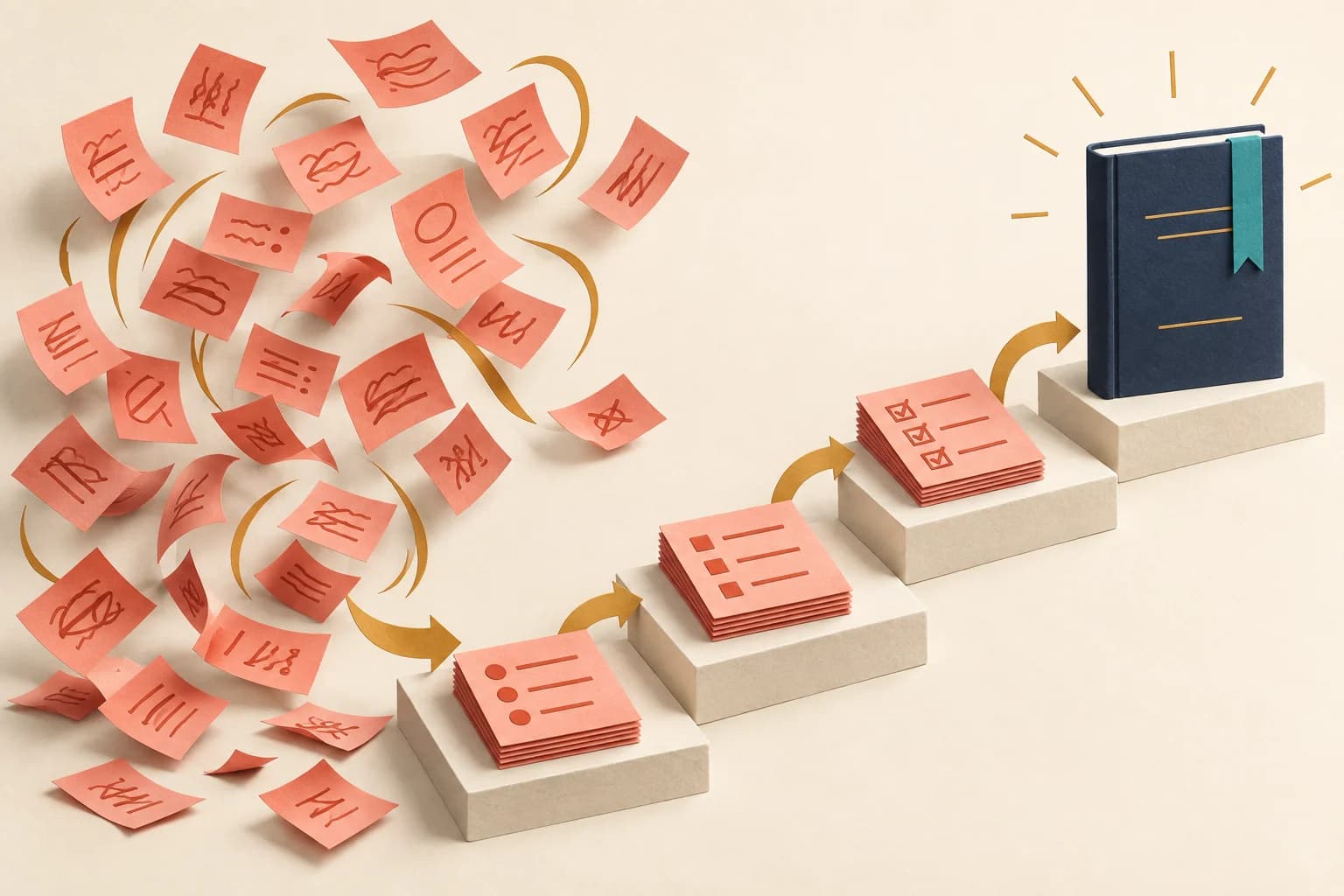 Scattered comment slips become ordered steps leading to a revised manuscript.