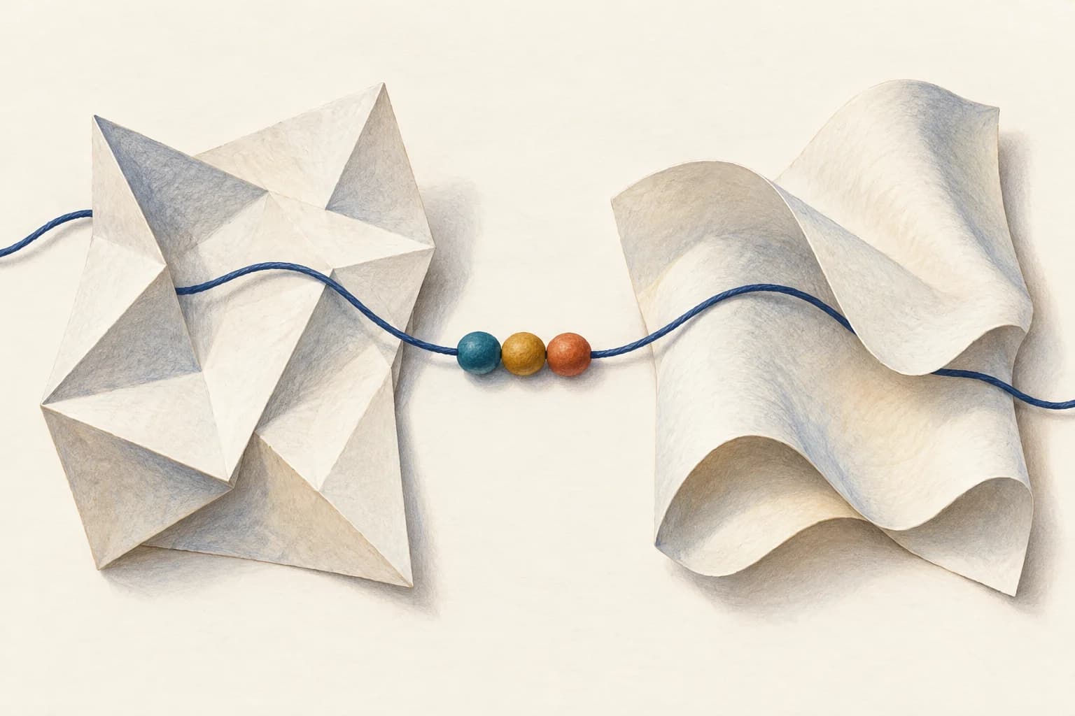 One thread with three unchanged colored beads connects two differently folded sheets of paper.