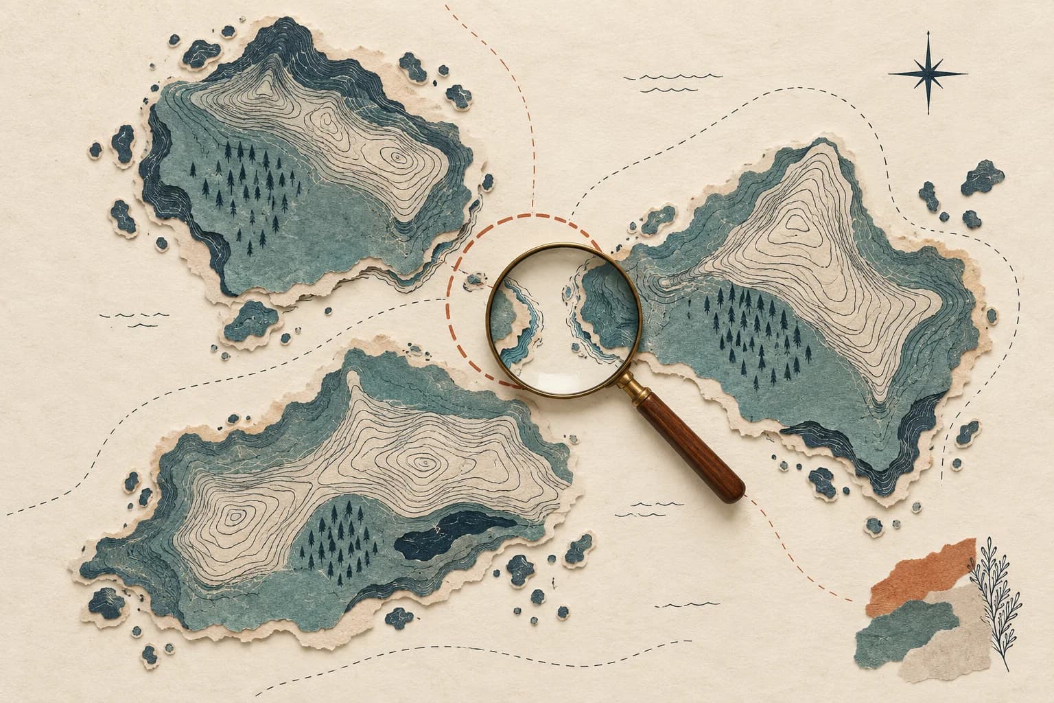 A magnifying glass examines a narrow passage between mapped islands of evidence.